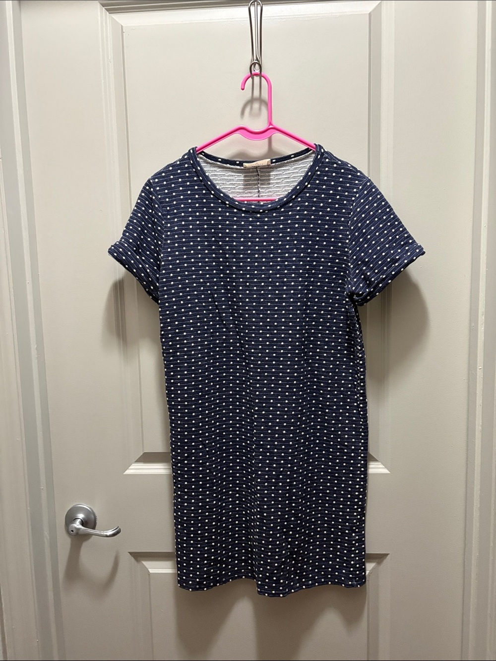 Everly Navy and White Dot Short Sleeve Shift Dress